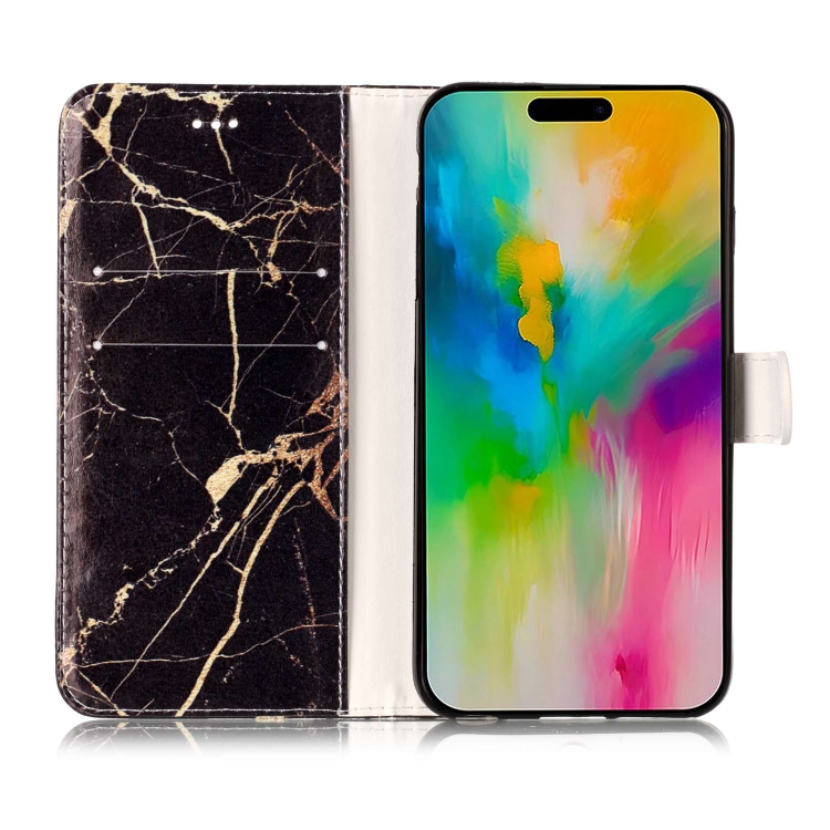 For iPhone 16 Pro Max Colored Drawing Marble Pattern Leather Phone Case(Black Gold Marble) For iPhone 16 Pro Max Colored Drawing Marble Pattern Leather Phone Case(Black Gold Marble)