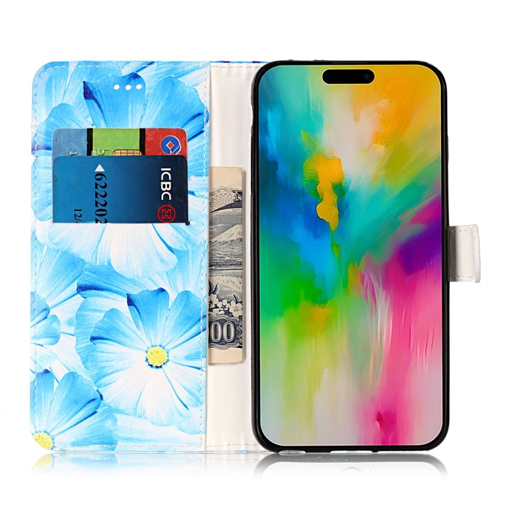 For iPhone 16 Plus Colored Drawing Marble Pattern Leather Phone Case(Blue Flower)