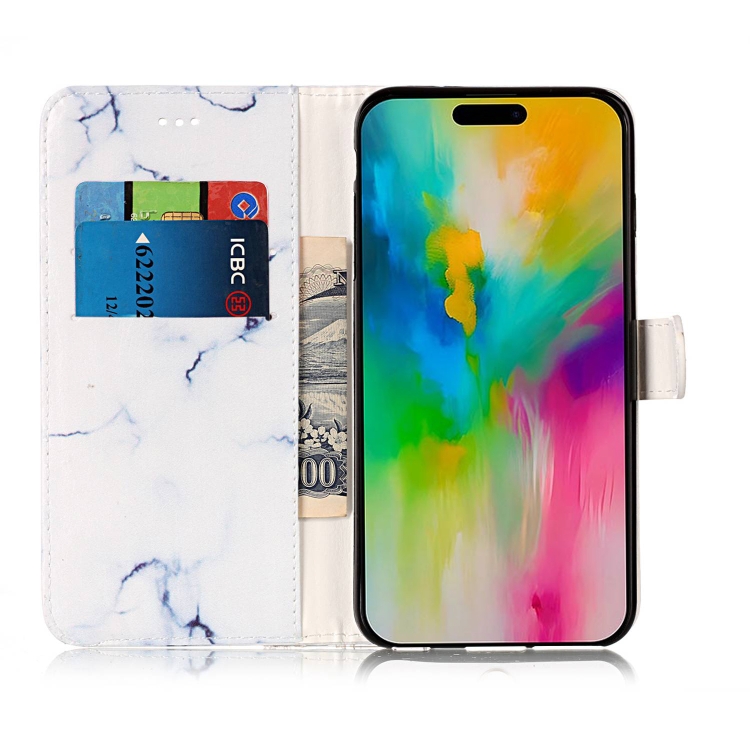 For iPhone 16 Colored Drawing Marble Pattern Leather Phone Case(White Marble) For iPhone 16 Colored Drawing Marble Pattern Leather Phone Case(White Marble)