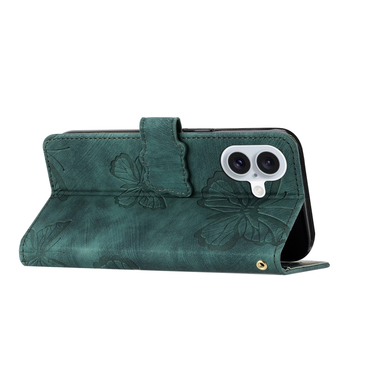 For iPhone 16 Skin-feel Embossed Butterfly Leather Phone Case(Green) For iPhone 16 Skin-feel Embossed Butterfly Leather Phone Case(Green)