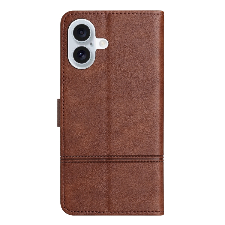 For iPhone 16 Cowhide Texture Stitching Leather Phone Case(Coffee) For iPhone 16 Cowhide Texture Stitching Leather Phone Case(Coffee)