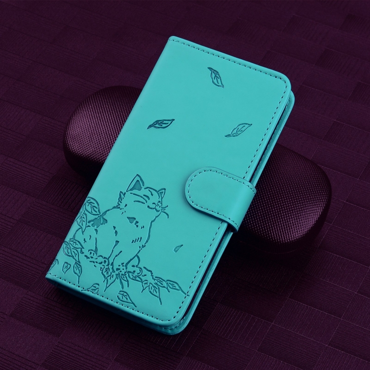 For iPhone 16 Plus Cute Cat Embossed Leather Phone Case(Lake Blue)