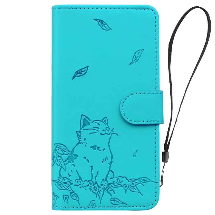 For iPhone 16 Plus Cute Cat Embossed Leather Phone Case(Lake Blue)