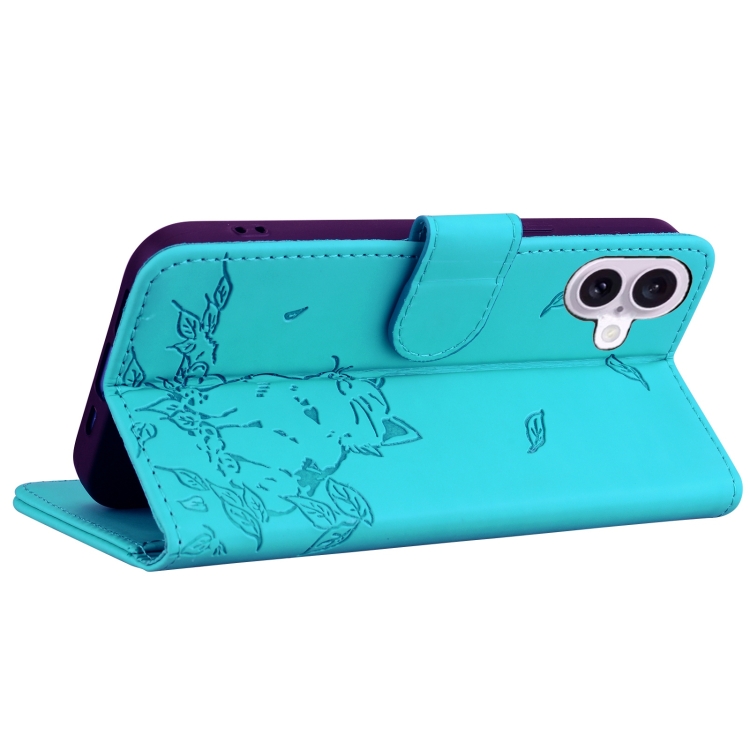 For iPhone 16 Plus Cute Cat Embossed Leather Phone Case(Lake Blue)