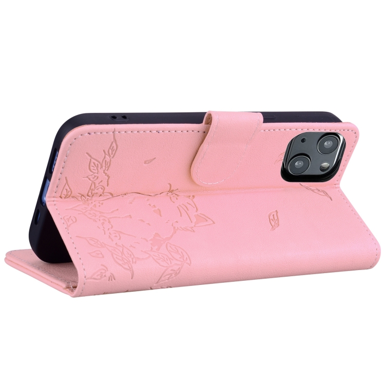 For iPhone 13 mini Cute Cat Embossed Leather Phone Case(Pink) For iPhone 13 mini Cute Cat Embossed Leather Phone Case(Pink)