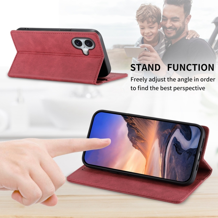 For iPhone 16 Business Solid Color Magnetic RFID Leather Phone Case(Red) For iPhone 16 Business Solid Color Magnetic RFID Leather Phone Case(Red)