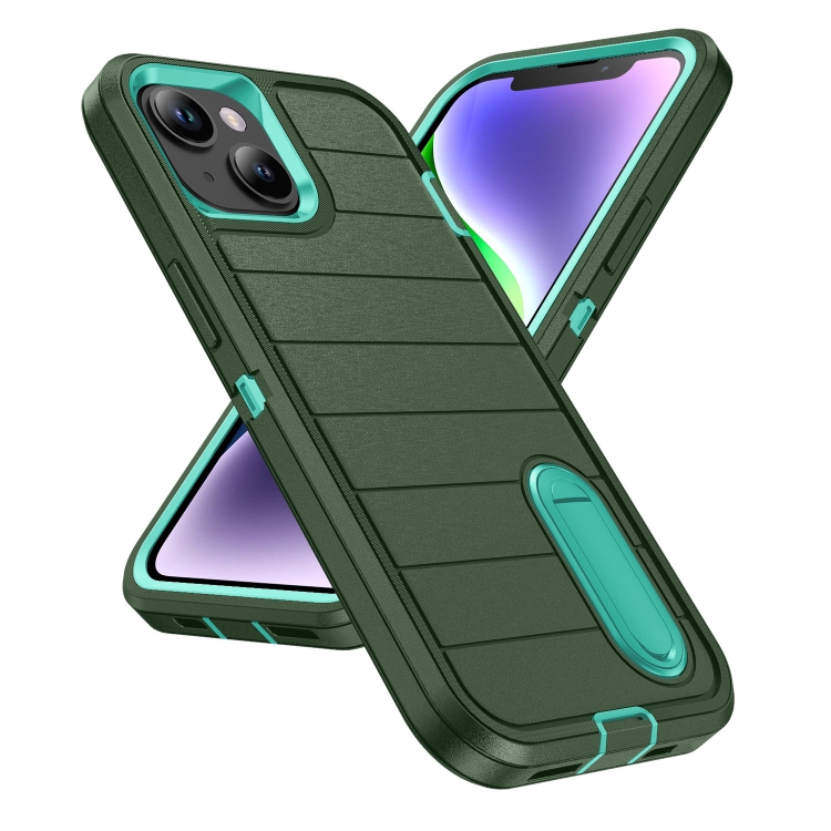 For iPhone 14 Plus Defender Gen2 Rugged PC + Silicone Phone Case with Holder(Dark Green+Cyan) For iPhone 14 Plus Defender Gen2 Rugged PC + Silicone Phone Case with Holder(Dark Green+Cyan)