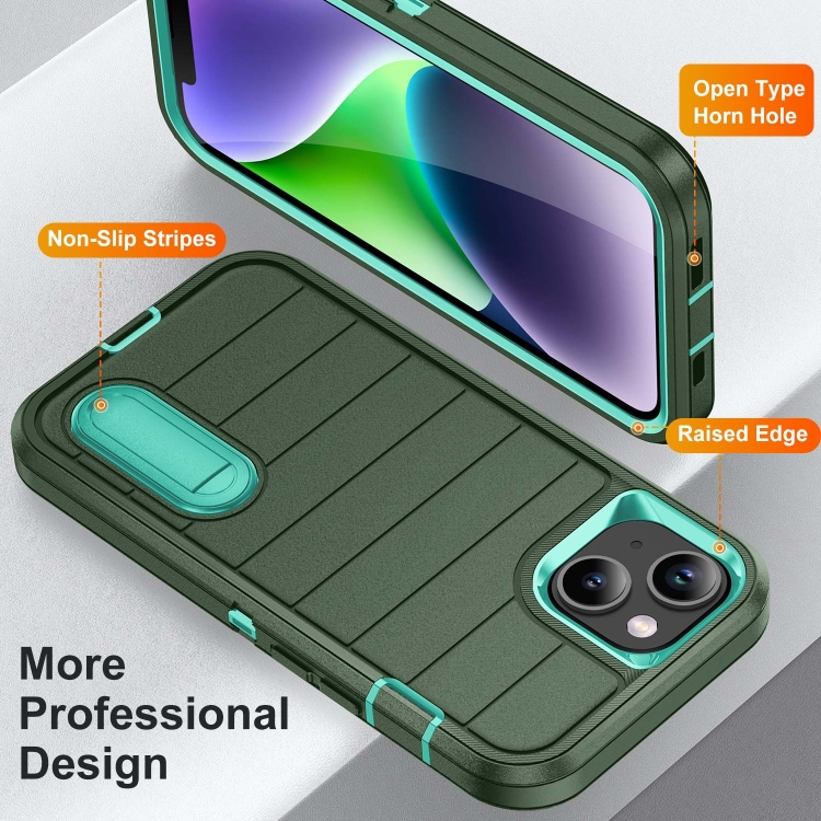 For iPhone 14 Plus Defender Gen2 Rugged PC + Silicone Phone Case with Holder(Dark Green+Cyan) For iPhone 14 Plus Defender Gen2 Rugged PC + Silicone Phone Case with Holder(Dark Green+Cyan)