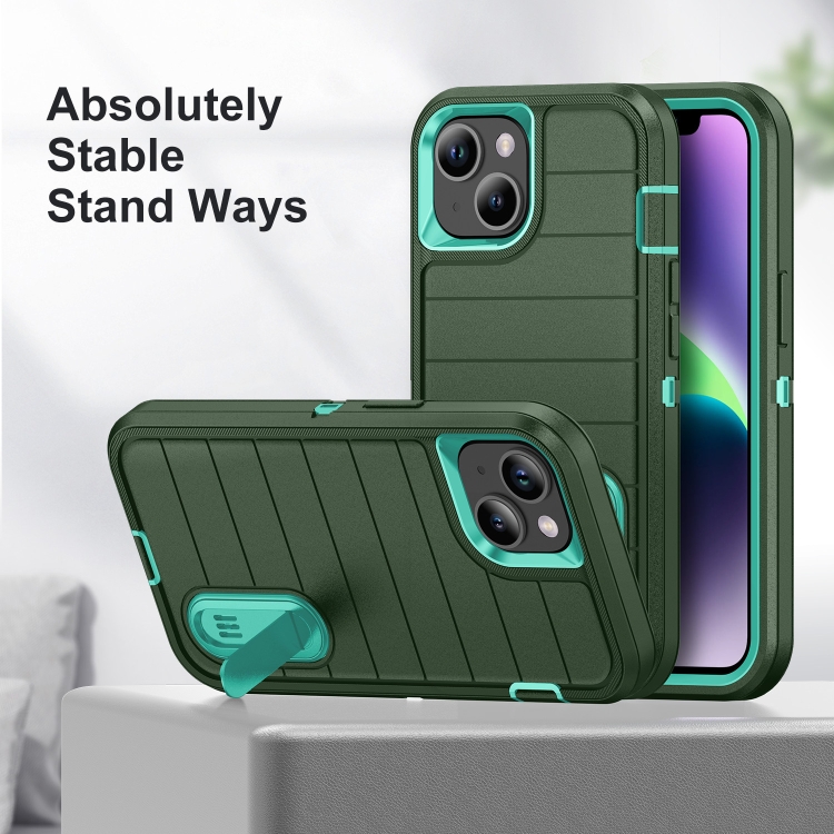 For iPhone 14 Plus Defender Gen2 Rugged PC + Silicone Phone Case with Holder(Dark Green+Cyan) For iPhone 14 Plus Defender Gen2 Rugged PC + Silicone Phone Case with Holder(Dark Green+Cyan)