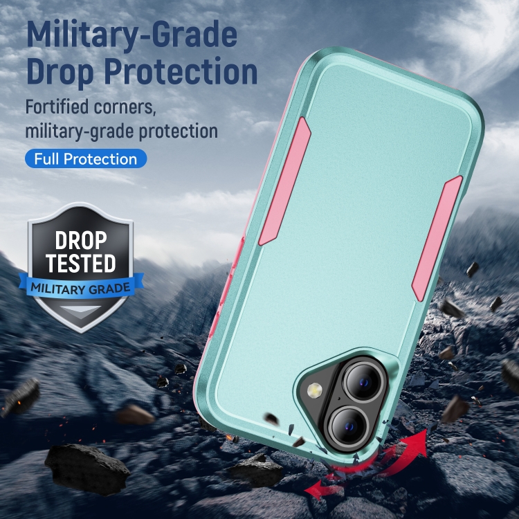 For iPhone 16 Pioneer Armor Heavy Duty PC + TPU Phone Case(Green+Pink)