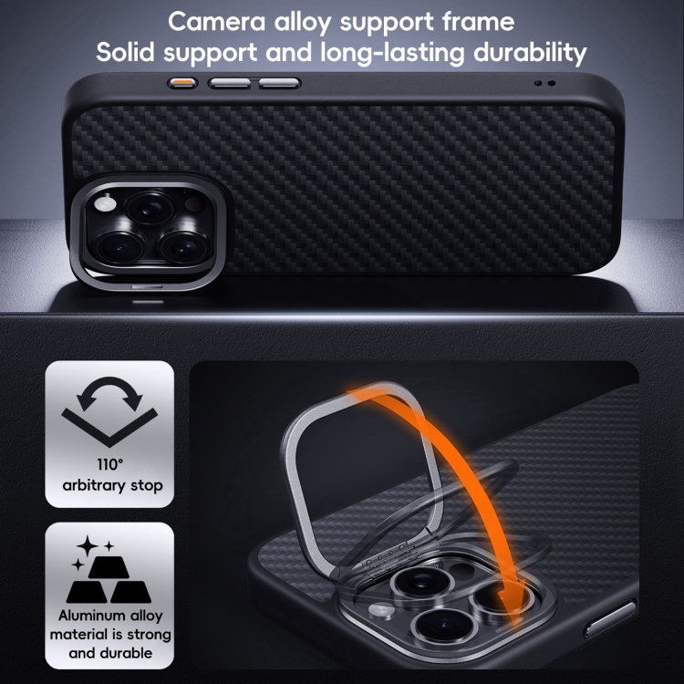 For iPhone 16 Pro Max Carbon Fiber Kevlar Lens Holder MagSafe Magnetic Phone Case(Black) For iPhone 16 Pro Max Carbon Fiber Kevlar Lens Holder MagSafe Magnetic Phone Case(Black)