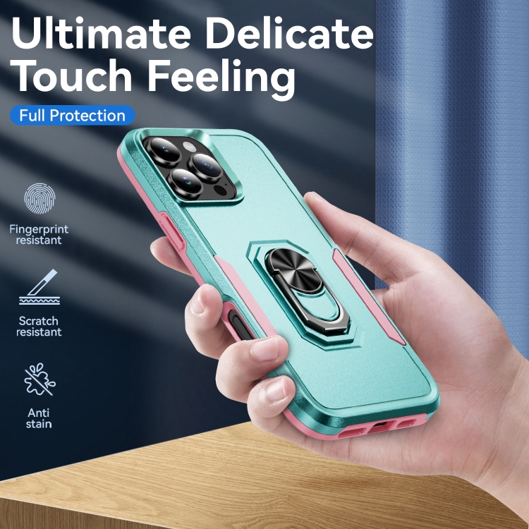 For iPhone 16 Pro Pioneer Armor Heavy Duty PC + TPU Phone Case with Holder(Green+Pink)