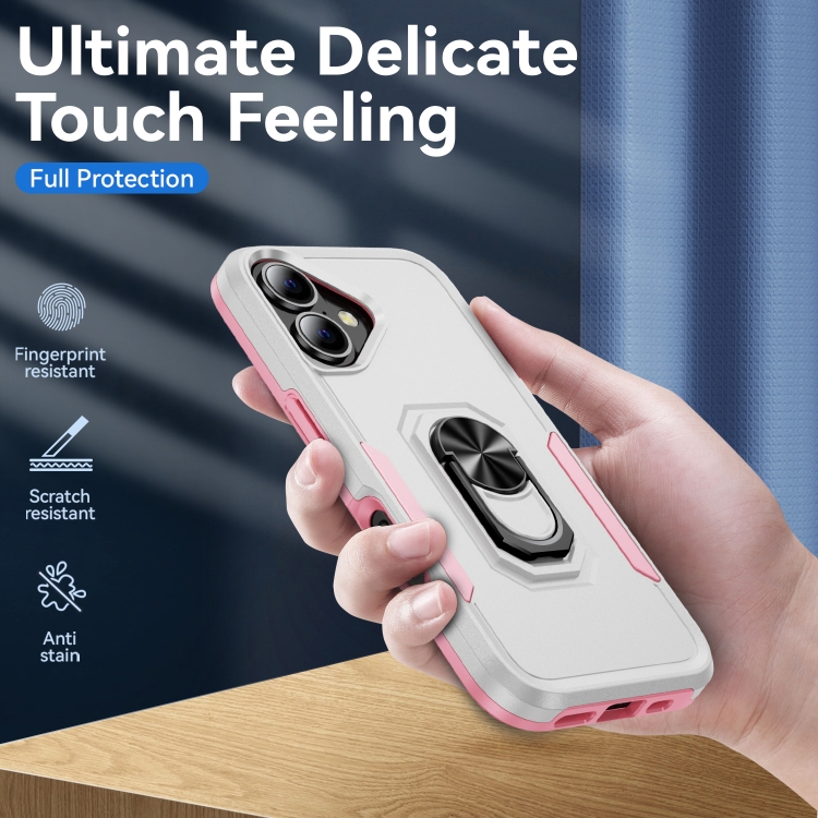 For iPhone 16 Plus Pioneer Armor Heavy Duty PC + TPU Phone Case with Holder(White+Pink)