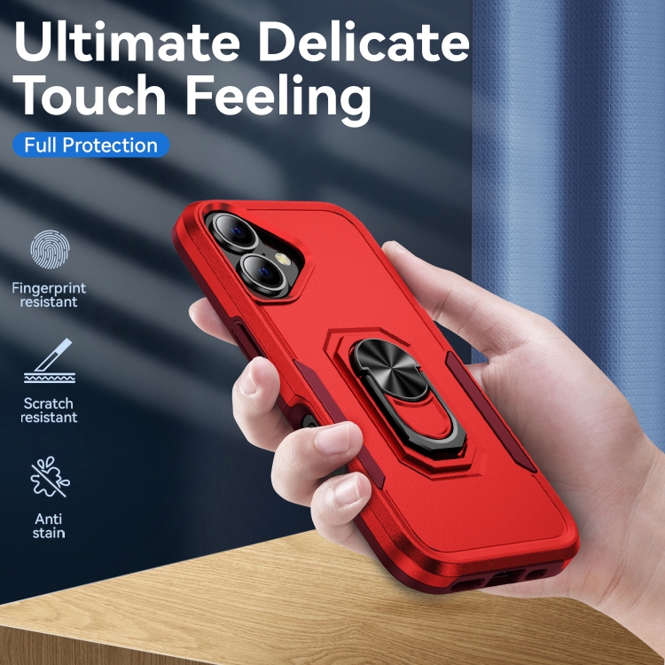 For iPhone 16 Pioneer Armor Heavy Duty PC + TPU Phone Case with Holder(Red+Rose Red)