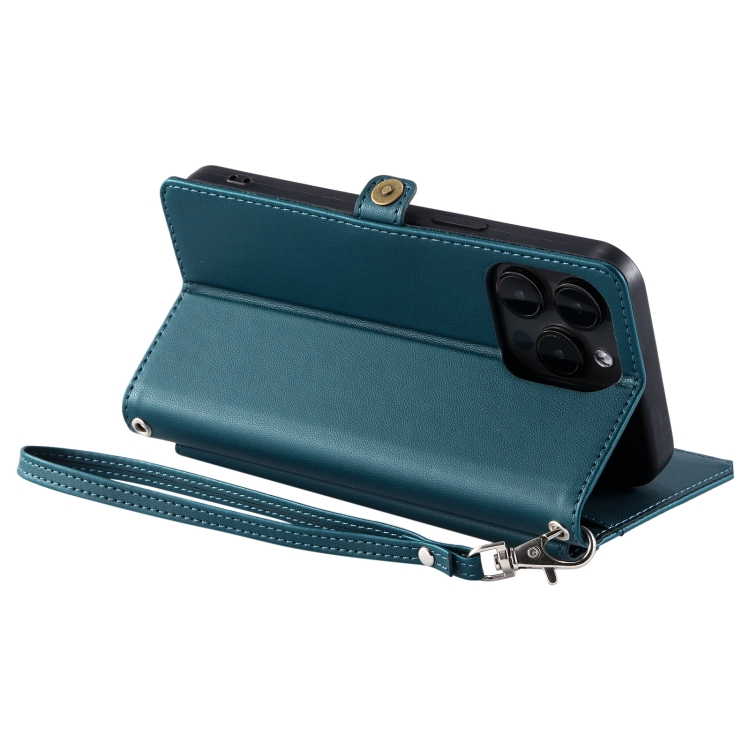 For iPhone 15 Pro Max Wallet Multi-card Slot Leather Phone Case with Lanyard(Green) - 4