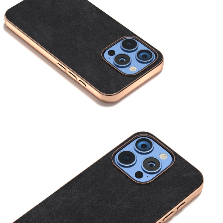 For iPhone 16 Pro Electroplated Frame PU Leather Full Coverage Phone Case(Black) For iPhone 16 Pro Electroplated Frame PU Leather Full Coverage Phone Case(Black)