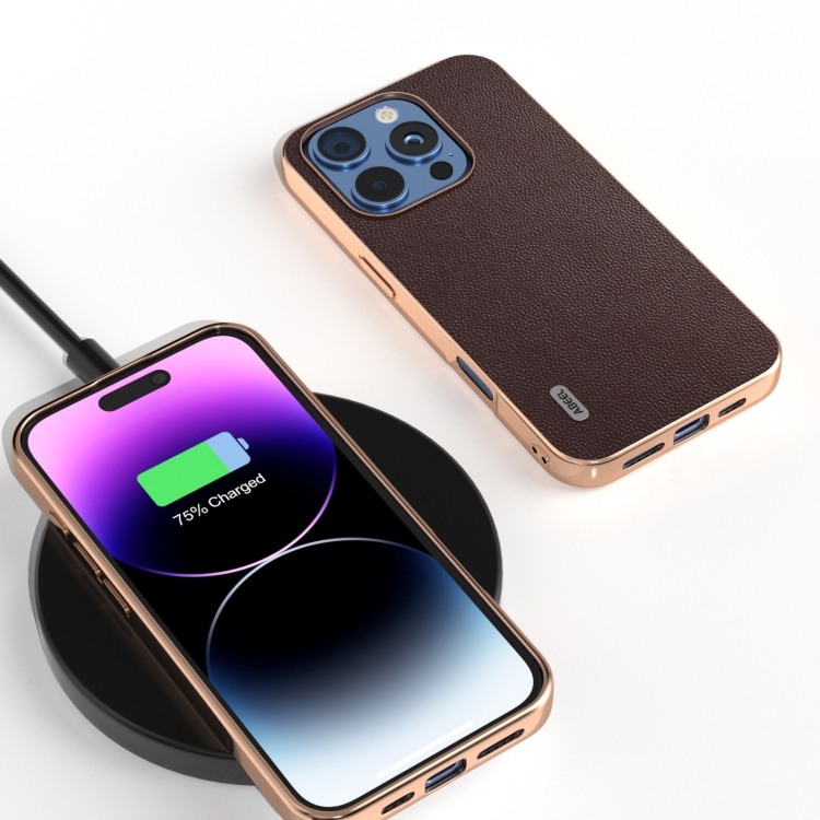 For iPhone 16 Pro ABEEL Electroplated Frame Genuine Leather Elegant Phone Case(Coffee) For iPhone 16 Pro ABEEL Electroplated Frame Genuine Leather Elegant Phone Case(Coffee)