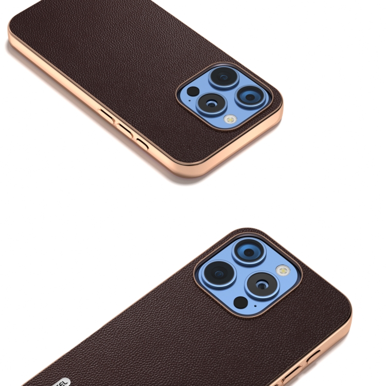 For iPhone 16 Pro ABEEL Electroplated Frame Genuine Leather Elegant Phone Case(Coffee) For iPhone 16 Pro ABEEL Electroplated Frame Genuine Leather Elegant Phone Case(Coffee)
