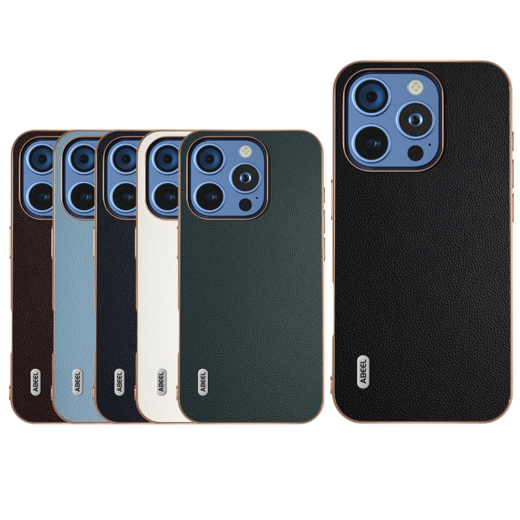 For iPhone 16 Pro ABEEL Electroplated Frame Genuine Leather Elegant Phone Case(Coffee) For iPhone 16 Pro ABEEL Electroplated Frame Genuine Leather Elegant Phone Case(Coffee)