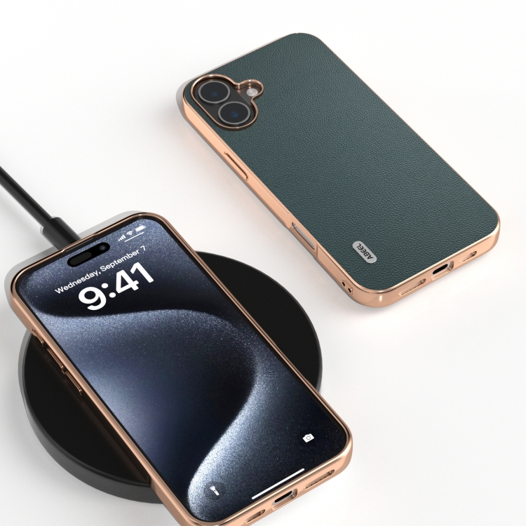 For iPhone 16 Plus ABEEL Electroplated Frame Genuine Leather Elegant Phone Case(Green) For iPhone 16 Plus ABEEL Electroplated Frame Genuine Leather Elegant Phone Case(Green)