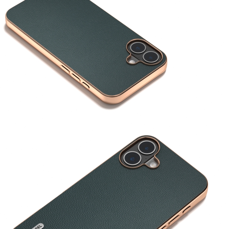 For iPhone 16 Plus ABEEL Electroplated Frame Genuine Leather Elegant Phone Case(Green) For iPhone 16 Plus ABEEL Electroplated Frame Genuine Leather Elegant Phone Case(Green)