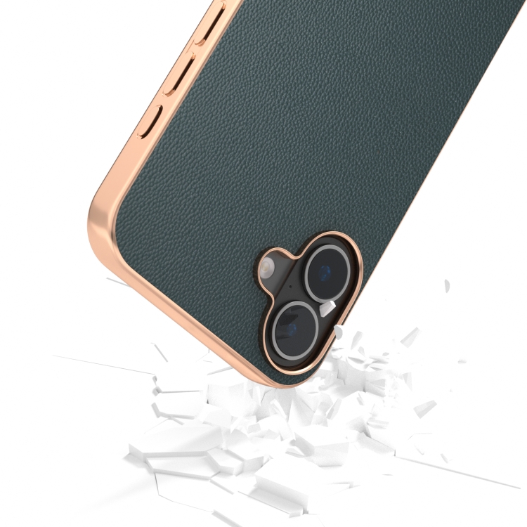 For iPhone 16 Plus ABEEL Electroplated Frame Genuine Leather Elegant Phone Case(Green) For iPhone 16 Plus ABEEL Electroplated Frame Genuine Leather Elegant Phone Case(Green)