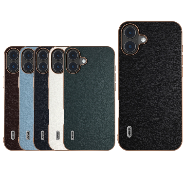 For iPhone 16 Plus ABEEL Electroplated Frame Genuine Leather Elegant Phone Case(Green) For iPhone 16 Plus ABEEL Electroplated Frame Genuine Leather Elegant Phone Case(Green)
