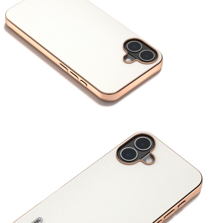 For iPhone 16 ABEEL Electroplated Frame Genuine Leather Elegant Phone Case(White) For iPhone 16 ABEEL Electroplated Frame Genuine Leather Elegant Phone Case(White)