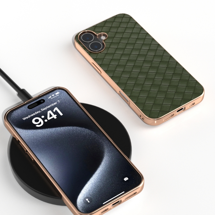 For iPhone 16 Plus Electroplated Frame Woven Texture PU Phone Case(Green) For iPhone 16 Plus Electroplated Frame Woven Texture PU Phone Case(Green)