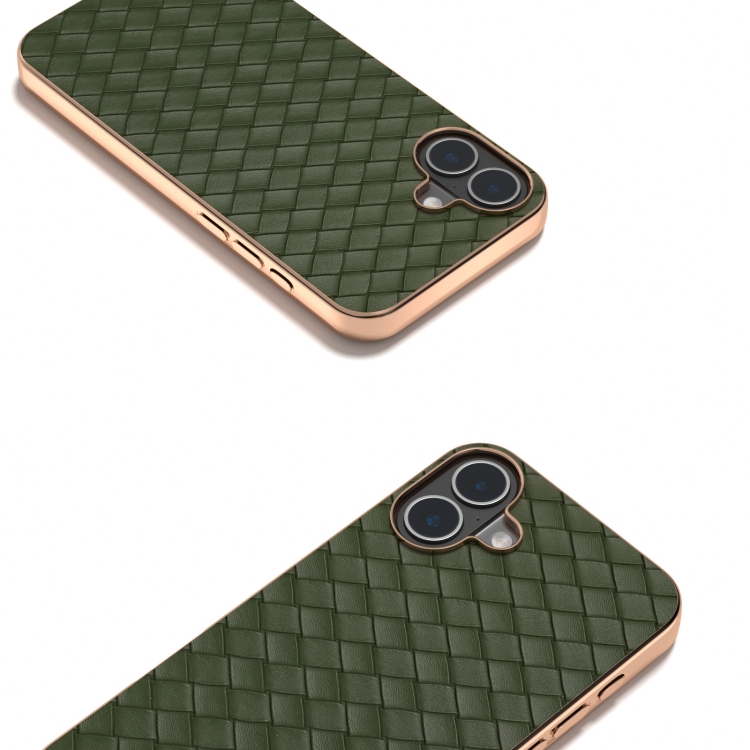For iPhone 16 Plus Electroplated Frame Woven Texture PU Phone Case(Green) For iPhone 16 Plus Electroplated Frame Woven Texture PU Phone Case(Green)