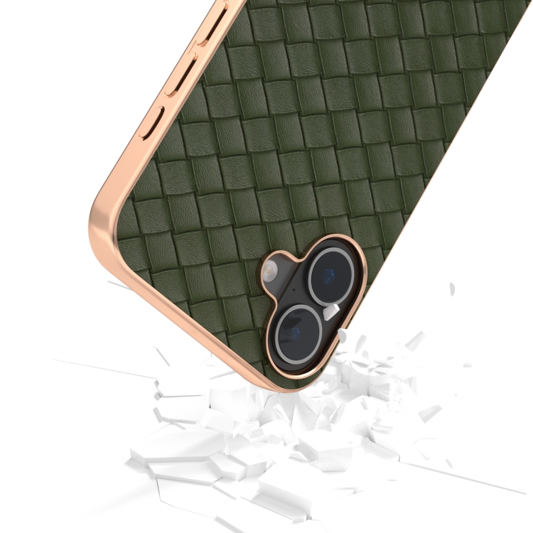 For iPhone 16 Plus Electroplated Frame Woven Texture PU Phone Case(Green) For iPhone 16 Plus Electroplated Frame Woven Texture PU Phone Case(Green)