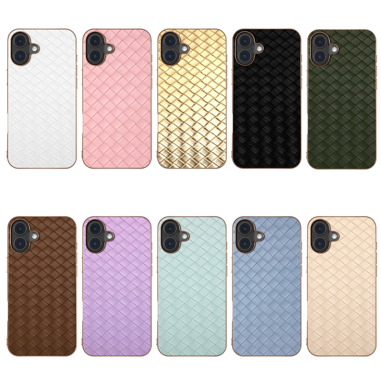 For iPhone 16 Plus Electroplated Frame Woven Texture PU Phone Case(Green) For iPhone 16 Plus Electroplated Frame Woven Texture PU Phone Case(Green)