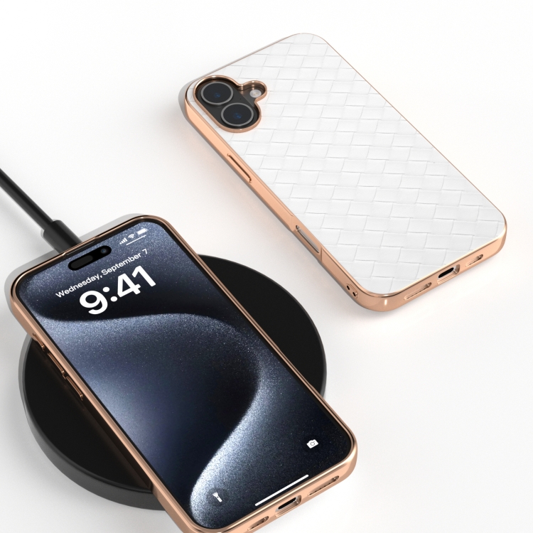 For iPhone 16 Electroplated Frame Woven Texture PU Phone Case(White) For iPhone 16 Electroplated Frame Woven Texture PU Phone Case(White)