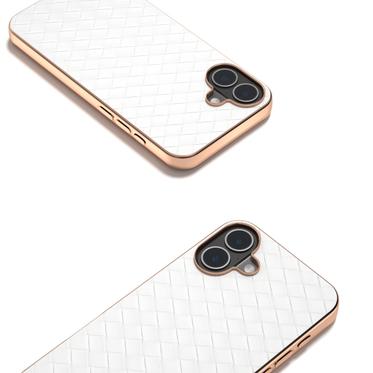For iPhone 16 Electroplated Frame Woven Texture PU Phone Case(White) For iPhone 16 Electroplated Frame Woven Texture PU Phone Case(White)