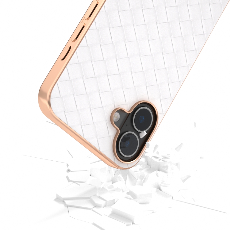 For iPhone 16 Electroplated Frame Woven Texture PU Phone Case(White) For iPhone 16 Electroplated Frame Woven Texture PU Phone Case(White)