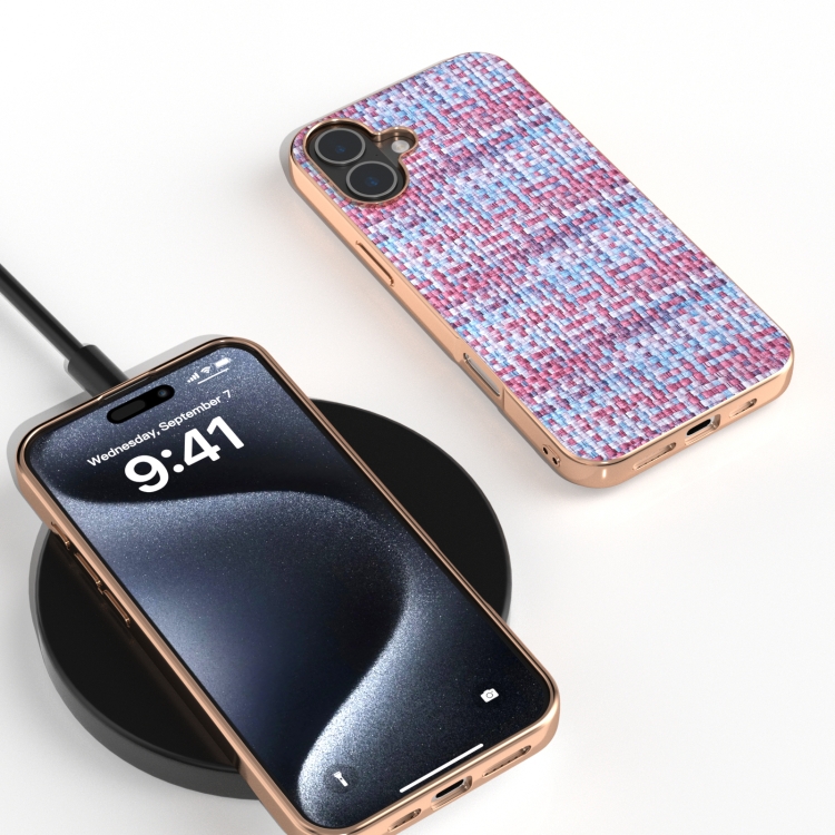 For iPhone 16 Plus Electroplated Frame Color Lattice Texture PU Phone Case(Purple) For iPhone 16 Plus Electroplated Frame Color Lattice Texture PU Phone Case(Purple)