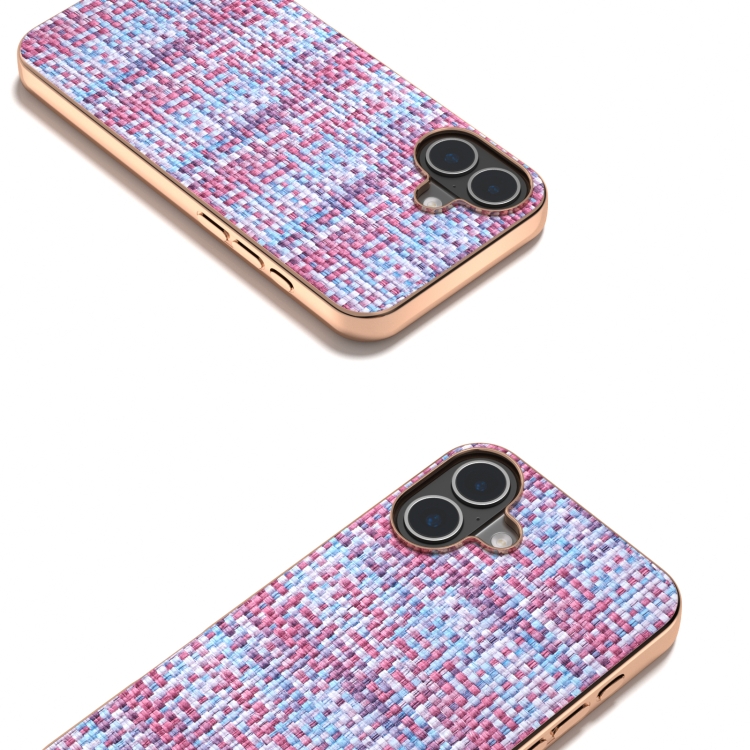For iPhone 16 Plus Electroplated Frame Color Lattice Texture PU Phone Case(Purple) For iPhone 16 Plus Electroplated Frame Color Lattice Texture PU Phone Case(Purple)