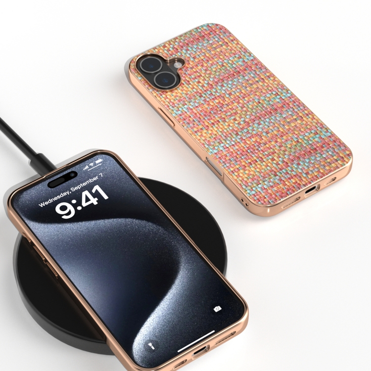 For iPhone 16 Electroplated Frame Color Lattice Texture PU Phone Case(Tangerine) For iPhone 16 Electroplated Frame Color Lattice Texture PU Phone Case(Tangerine)