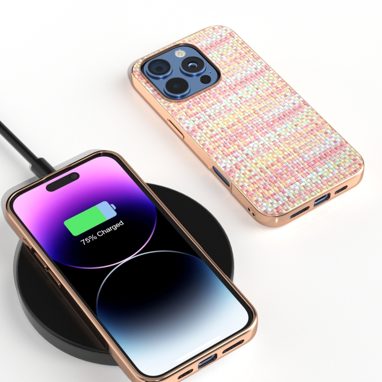 For iPhone 16 Pro Electroplated Frame Color Lattice Texture PU Phone Case(Pink) For iPhone 16 Pro Electroplated Frame Color Lattice Texture PU Phone Case(Pink)