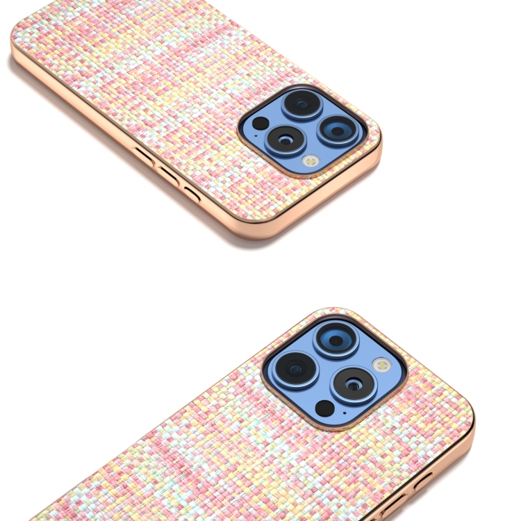 For iPhone 16 Pro Electroplated Frame Color Lattice Texture PU Phone Case(Pink) For iPhone 16 Pro Electroplated Frame Color Lattice Texture PU Phone Case(Pink)
