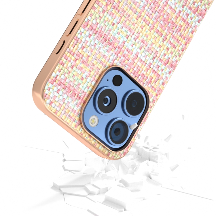 For iPhone 16 Pro Electroplated Frame Color Lattice Texture PU Phone Case(Pink) For iPhone 16 Pro Electroplated Frame Color Lattice Texture PU Phone Case(Pink)