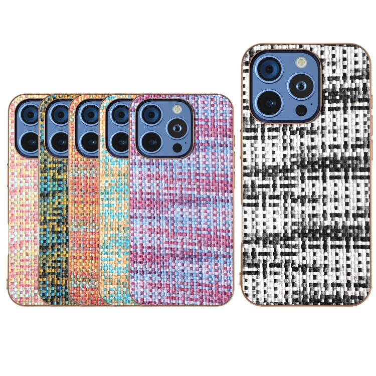 For iPhone 16 Pro Electroplated Frame Color Lattice Texture PU Phone Case(Pink) For iPhone 16 Pro Electroplated Frame Color Lattice Texture PU Phone Case(Pink)