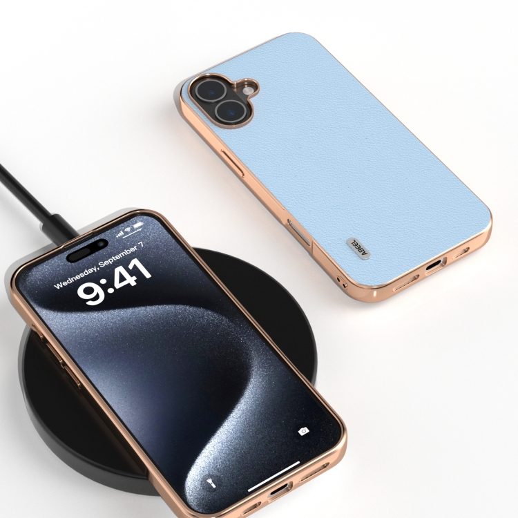 For iPhone 16 ABEEL Electroplating Frame Genuine Leather Wave Phone Case(Blue) For iPhone 16 ABEEL Electroplating Frame Genuine Leather Wave Phone Case(Blue)