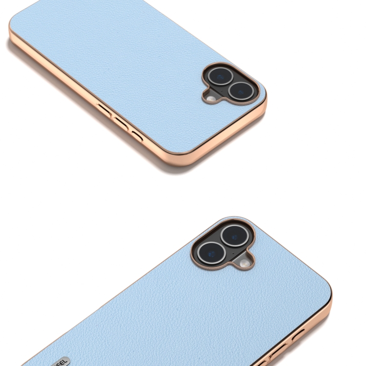 For iPhone 16 ABEEL Electroplating Frame Genuine Leather Wave Phone Case(Blue) For iPhone 16 ABEEL Electroplating Frame Genuine Leather Wave Phone Case(Blue)