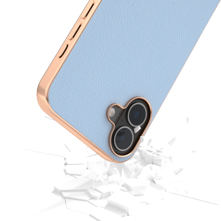 For iPhone 16 ABEEL Electroplating Frame Genuine Leather Wave Phone Case(Blue) For iPhone 16 ABEEL Electroplating Frame Genuine Leather Wave Phone Case(Blue)