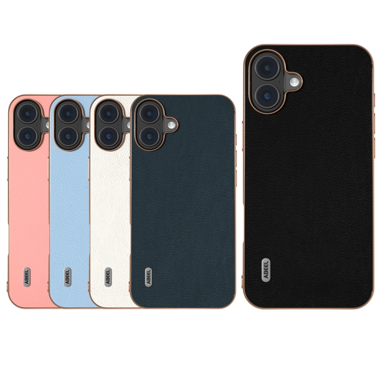For iPhone 16 ABEEL Electroplating Frame Genuine Leather Wave Phone Case(Blue) For iPhone 16 ABEEL Electroplating Frame Genuine Leather Wave Phone Case(Blue)
