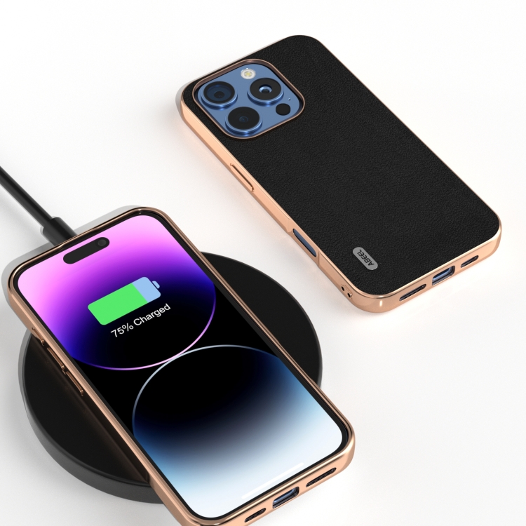 For iPhone 16 Pro Max ABEEL Electroplating Frame Genuine Leather Wave Phone Case(Black) For iPhone 16 Pro Max ABEEL Electroplating Frame Genuine Leather Wave Phone Case(Black)