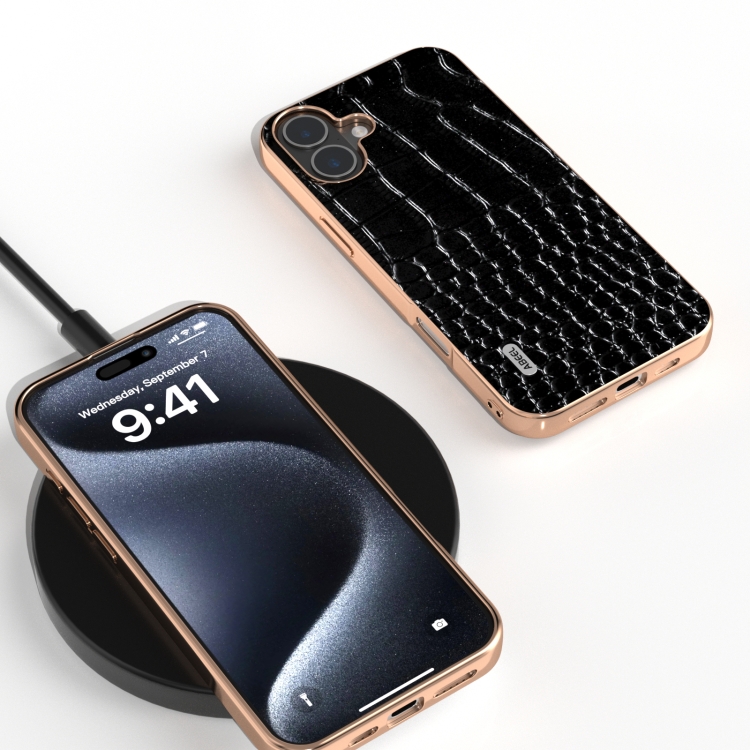 For iPhone 16 Plus ABEEL Electroplated Frame Genuine Leather Crocodile Pattern Phone Case(Black) For iPhone 16 Plus ABEEL Electroplated Frame Genuine Leather Crocodile Pattern Phone Case(Black)