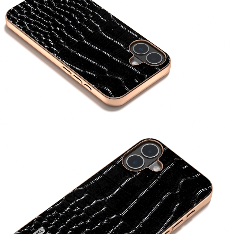For iPhone 16 Plus ABEEL Electroplated Frame Genuine Leather Crocodile Pattern Phone Case(Black) For iPhone 16 Plus ABEEL Electroplated Frame Genuine Leather Crocodile Pattern Phone Case(Black)