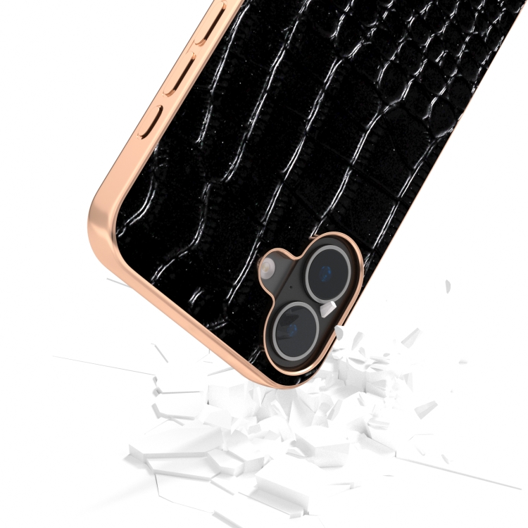 For iPhone 16 Plus ABEEL Electroplated Frame Genuine Leather Crocodile Pattern Phone Case(Black) For iPhone 16 Plus ABEEL Electroplated Frame Genuine Leather Crocodile Pattern Phone Case(Black)